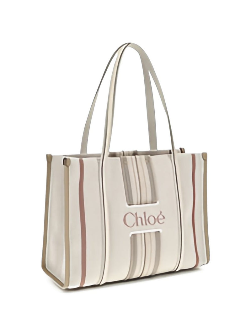 Chloé Striped Linen Shoulder Bag — Cream