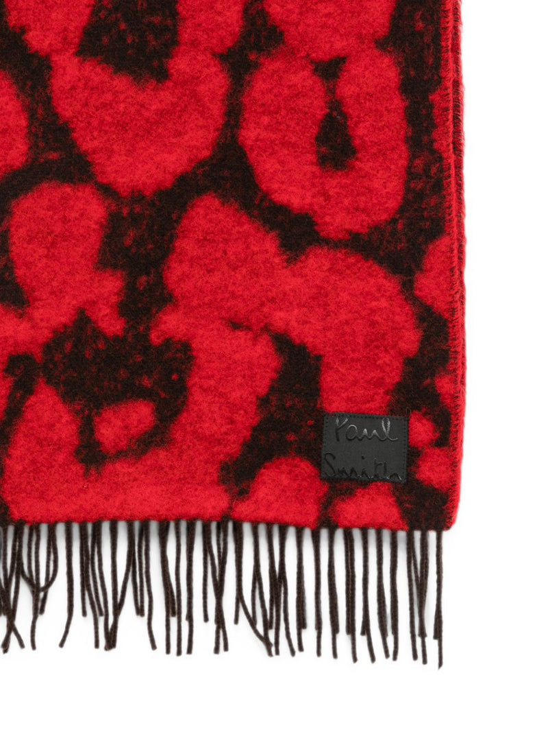 Paul Smith Leopard-Print Brushed Wool Scarf — Red Scarfs