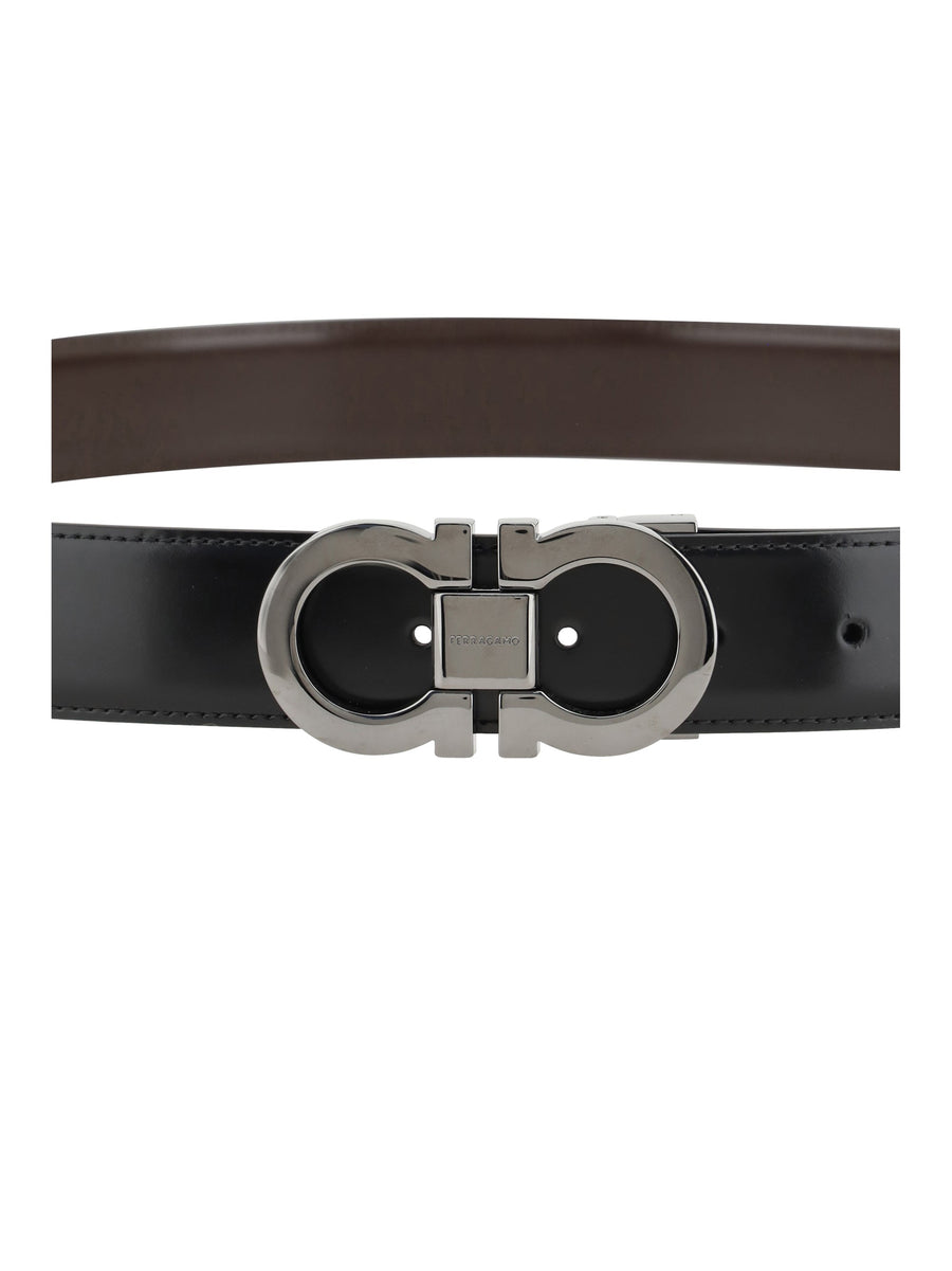 Ferragamo Reversible Leather With Gancini Buckle Belt — Black Calf