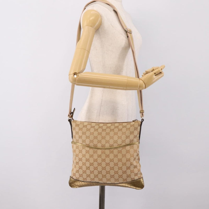 Gucci Zip Messenger Gg Canvas With Perforated Leather Beige