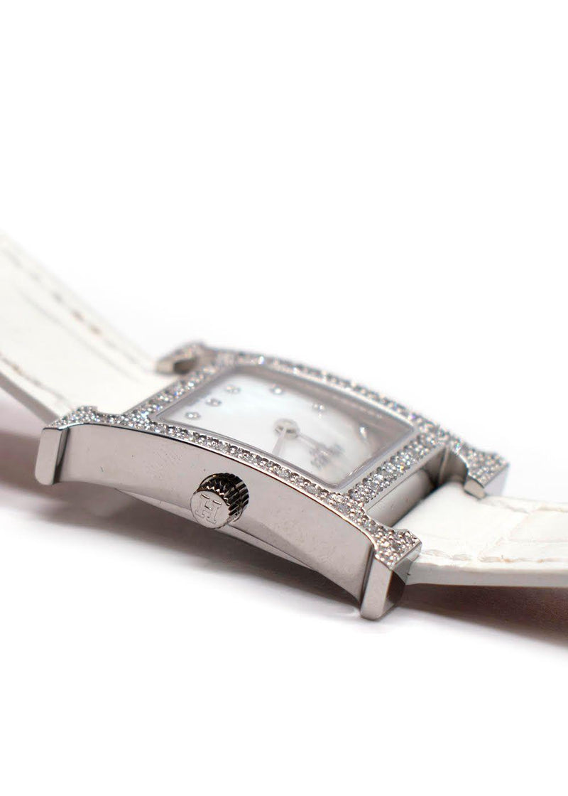 Hermès White Heure H Watch in Matte Chantilly Alligator with Diamonds