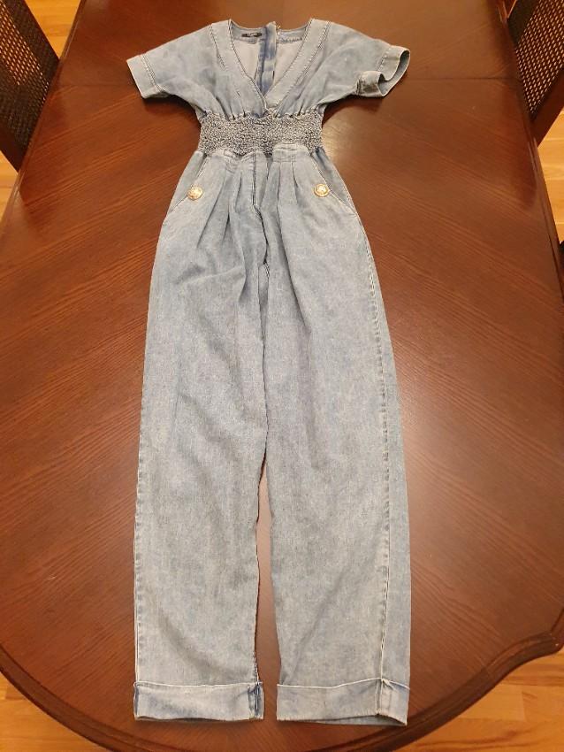 Balmain Blue V-Neck Denim Jumpsuit