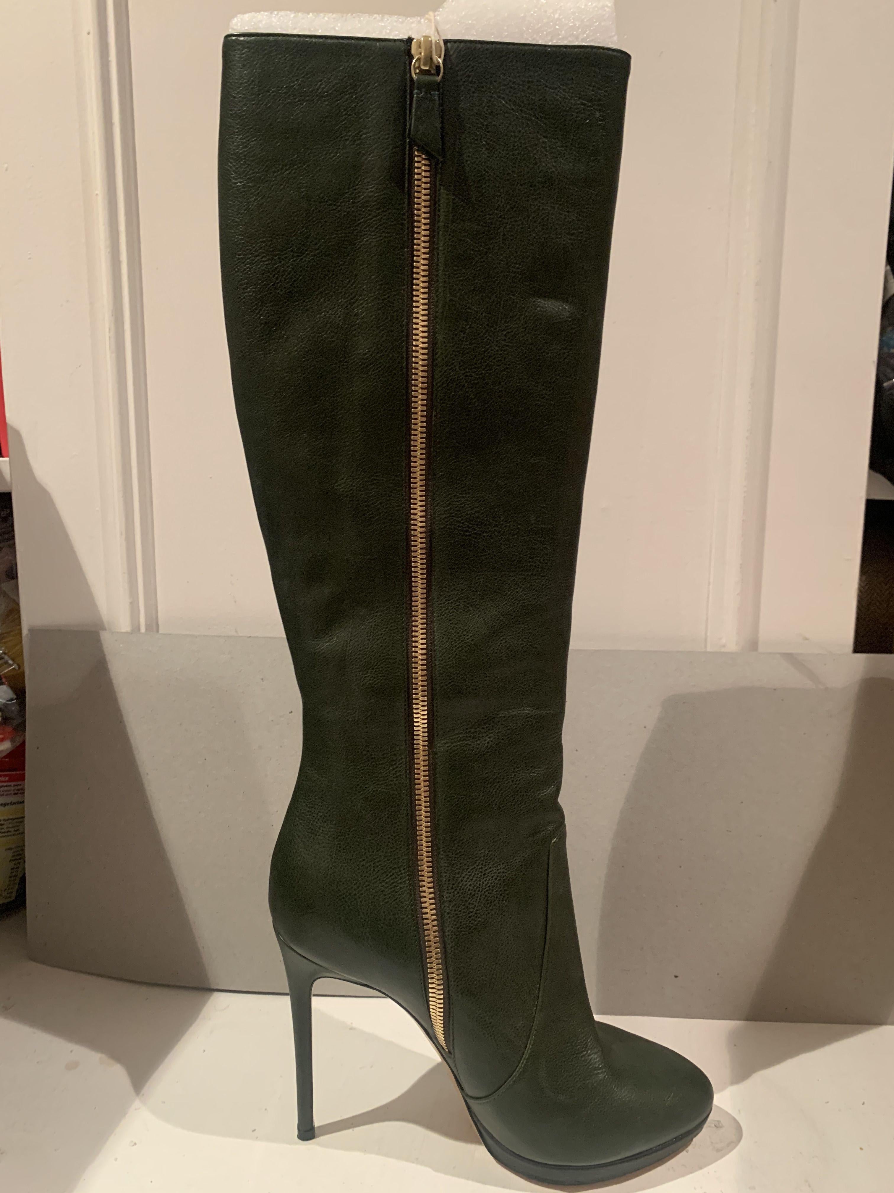 Casadei Bottle Green Leather Knee Boots