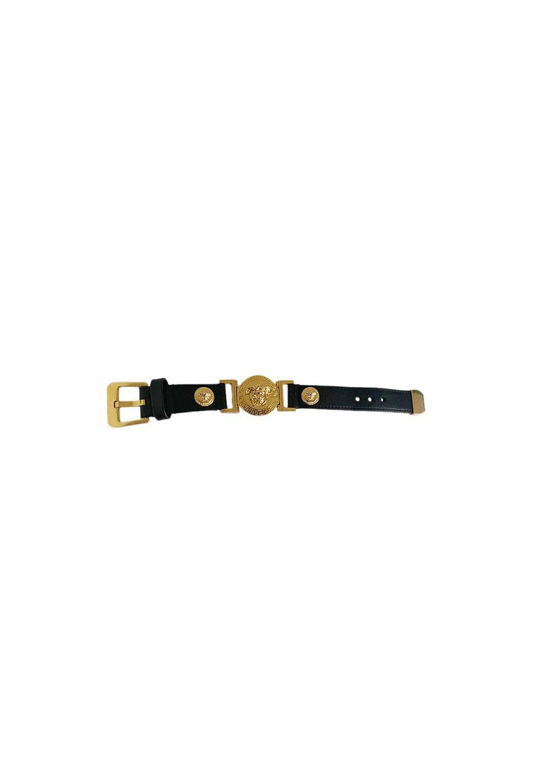 Black leather & gold-tone metal Medusa bracelet