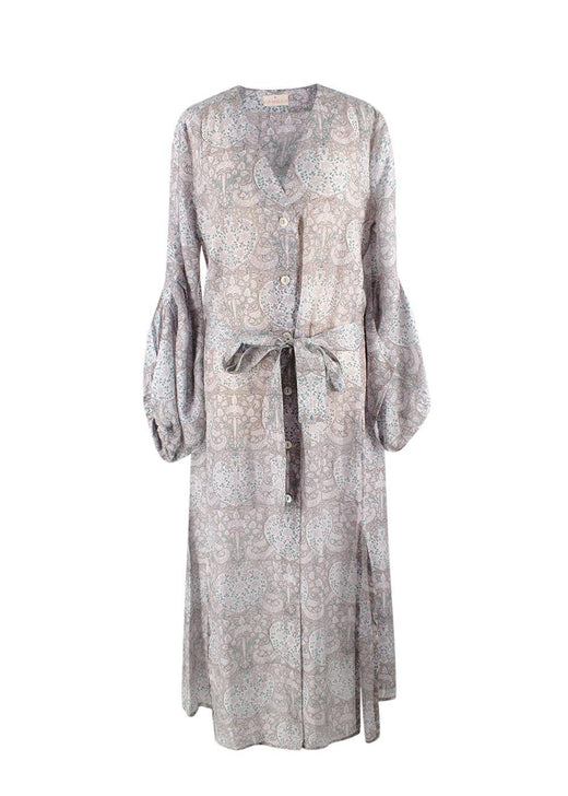 Hannah Grey Floral Belted Silk Dress