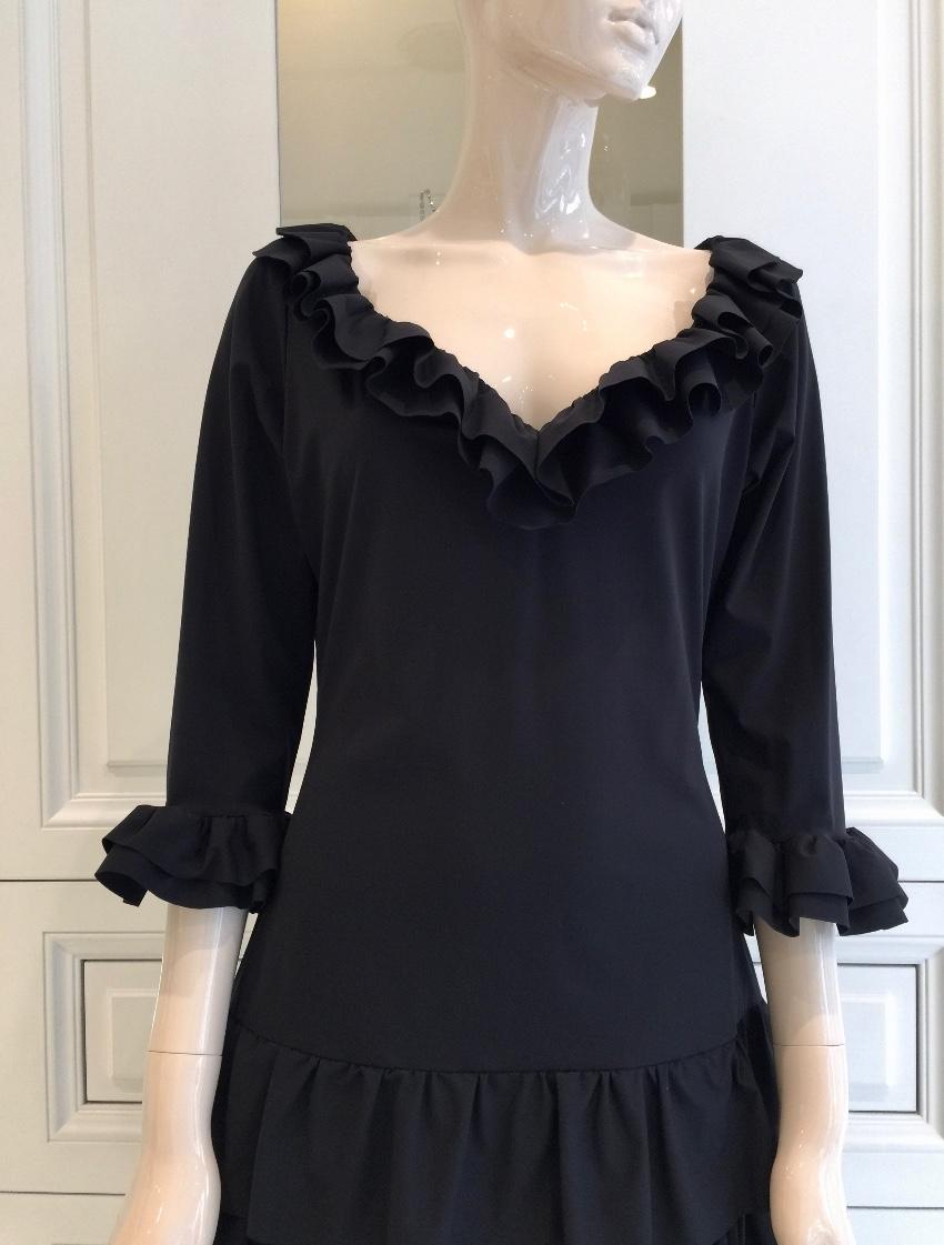 Bespoke French Couture Black Lycra Frill Dress