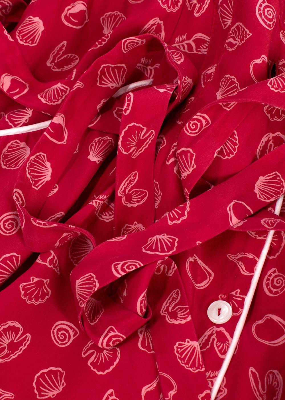 HVN Red Shell Print Silk Shirt Dress