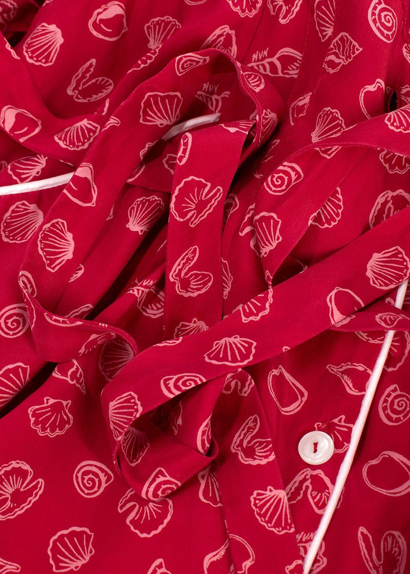 HVN Red Shell Print Silk Shirt Dress