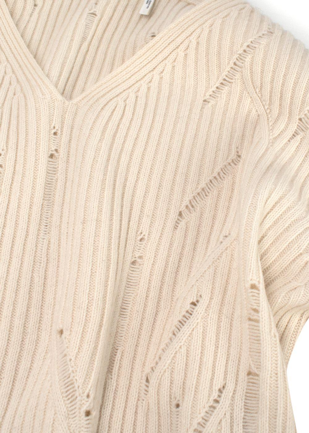 Helmut Lang Ivory Distressed V-Neck Wool Sweater