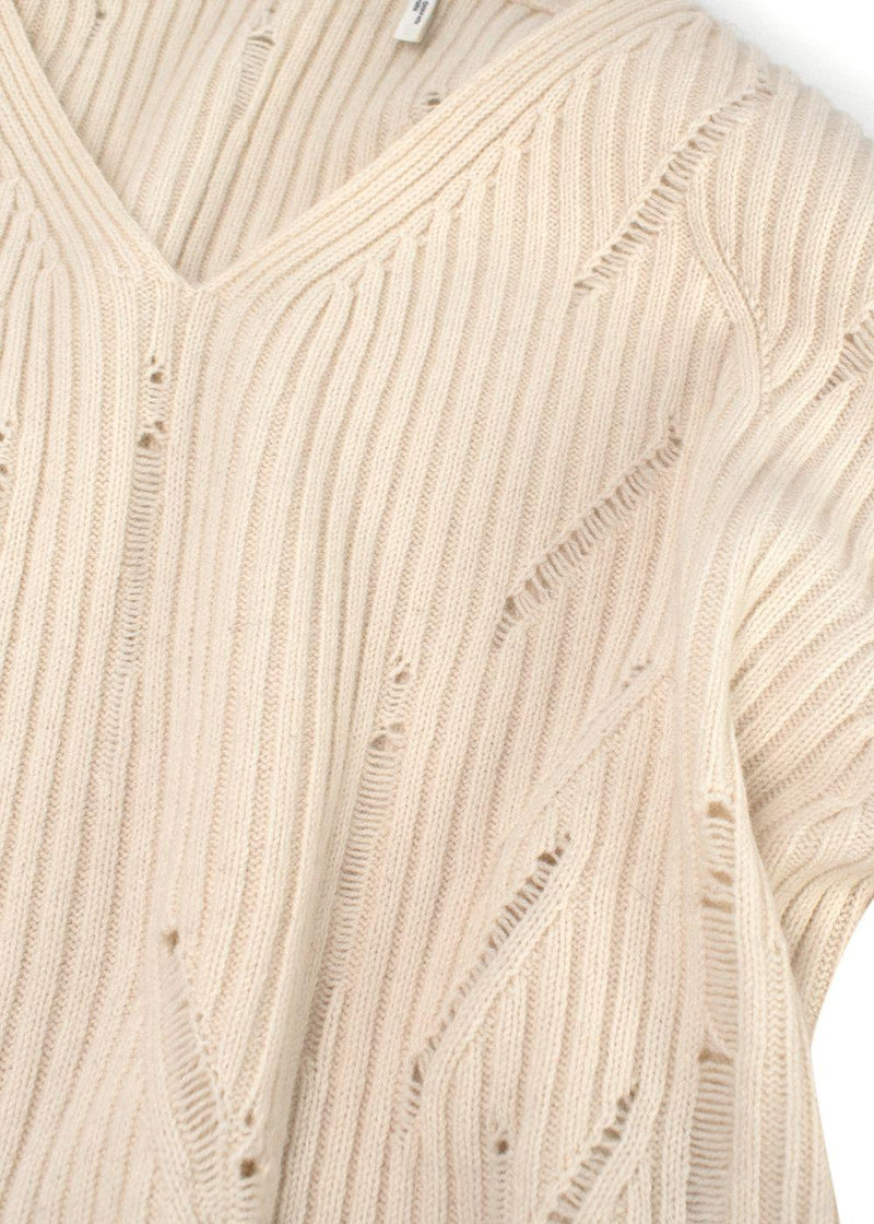 Helmut Lang Ivory Distressed V-Neck Wool Sweater