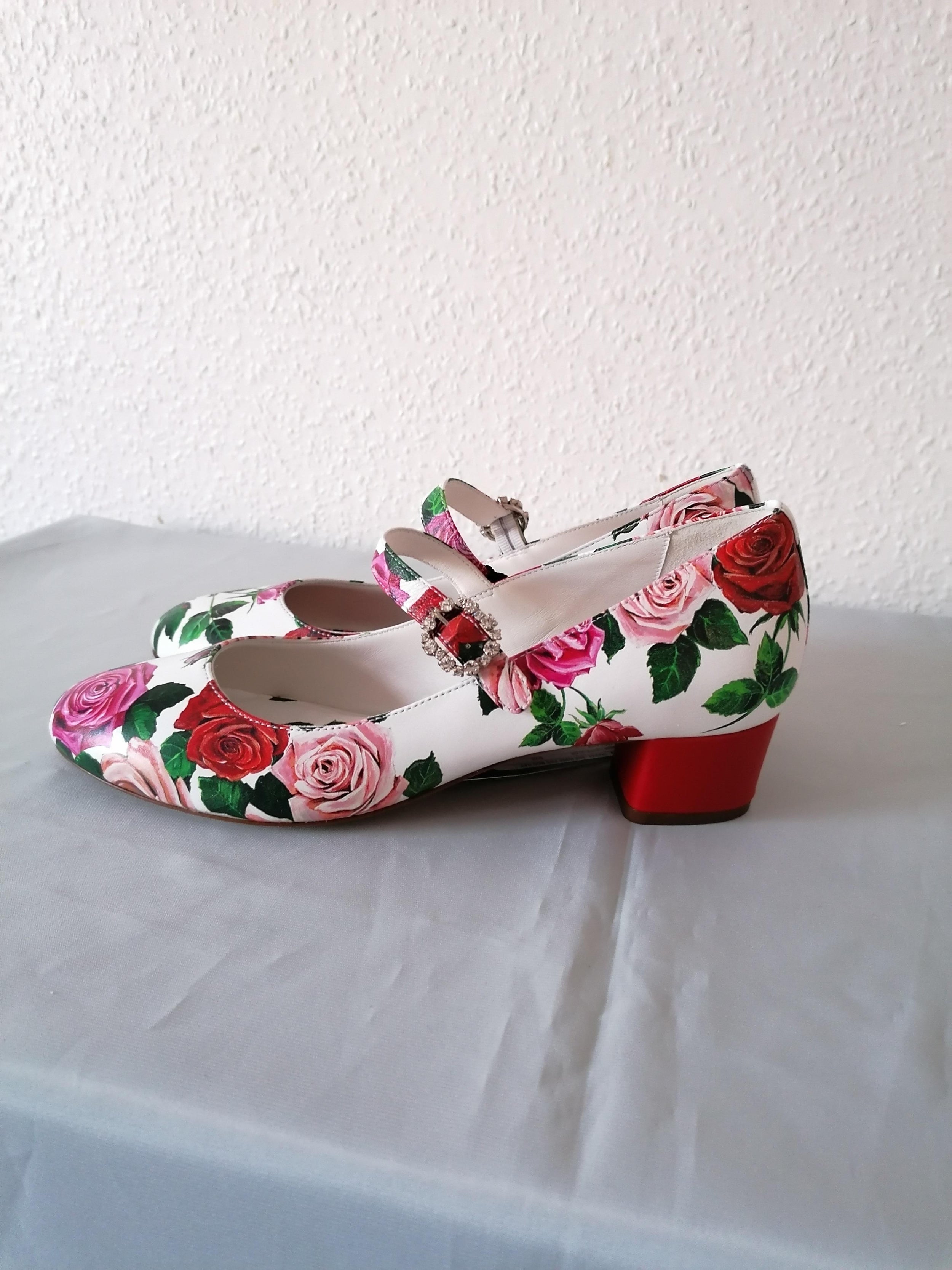 White Rose Printed Leather Mary Jane Heeled Pumps