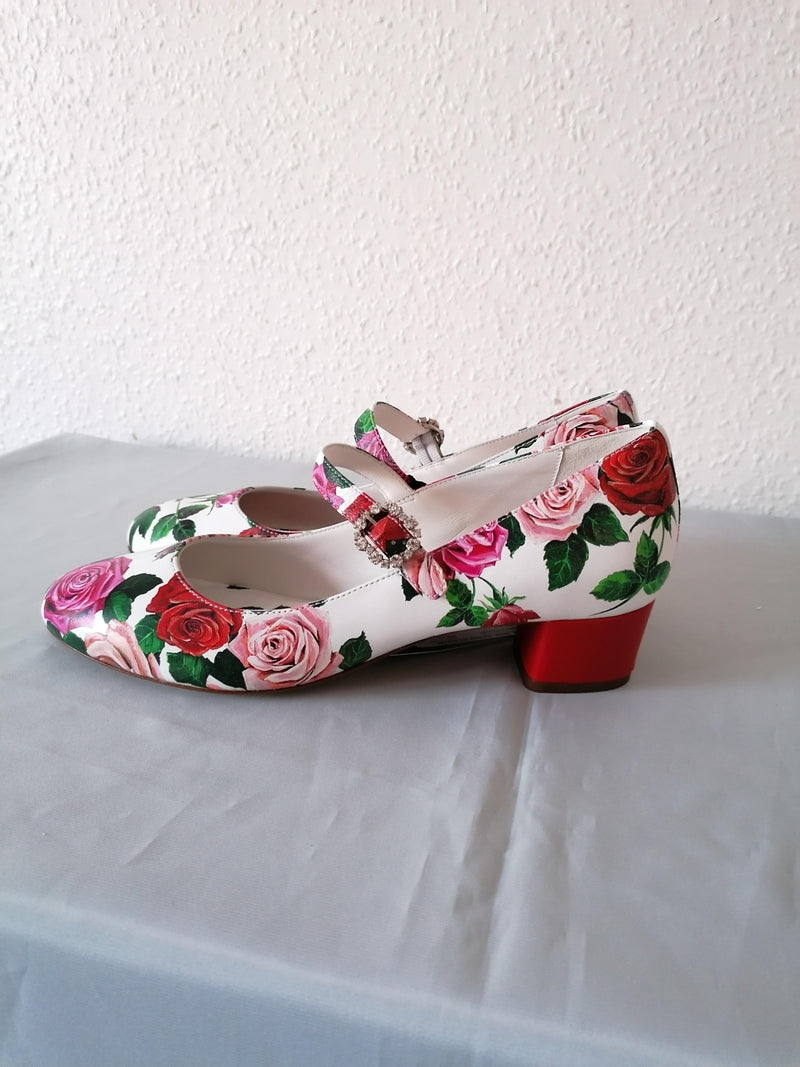 White Rose Printed Leather Mary Jane Heeled Pumps