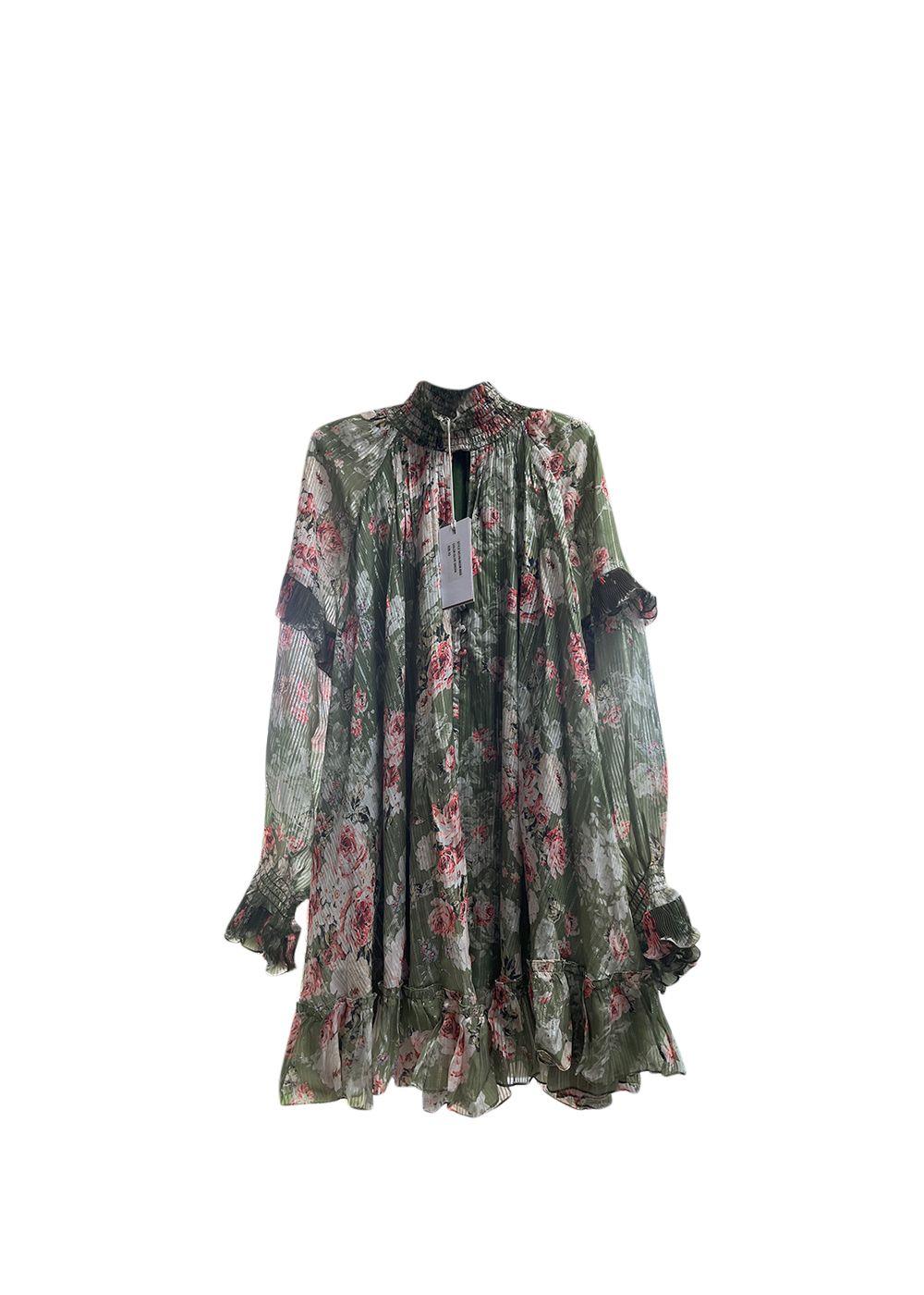 Green Plisse Floral Printed Dress