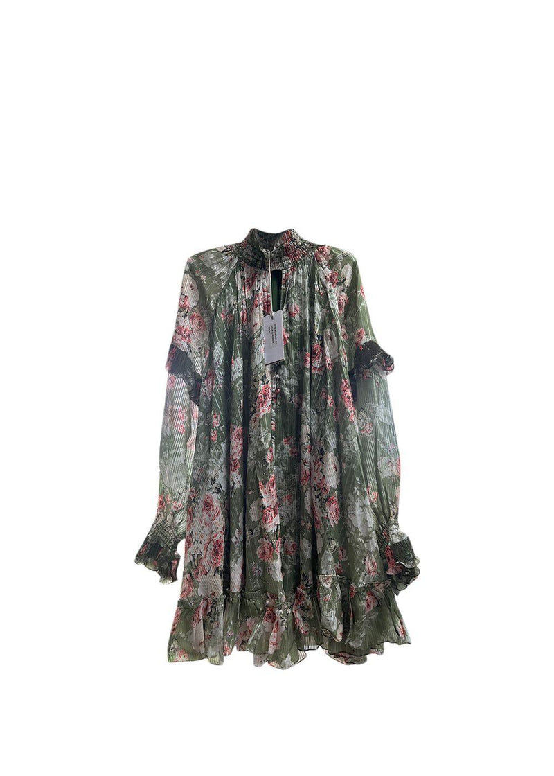 Green Plisse Floral Printed Dress
