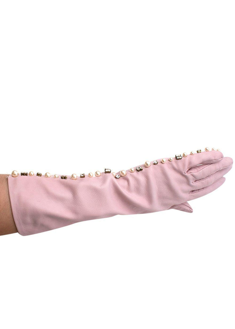 Pearl and Crystal Embellished Pink Leather Gloves