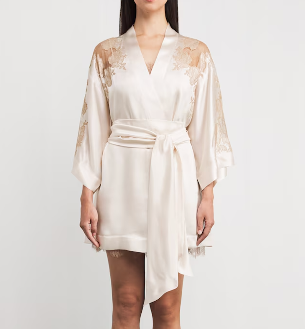 Carine Gilson Silk Lace-Trim Short Kimono Robe