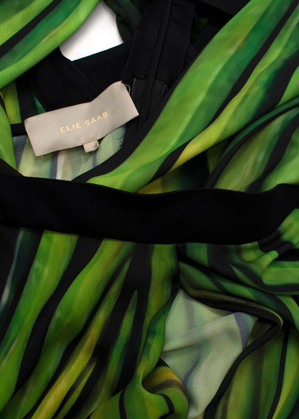 RUNWAY Elie Saab Green Patterned Deep Plunge Gown