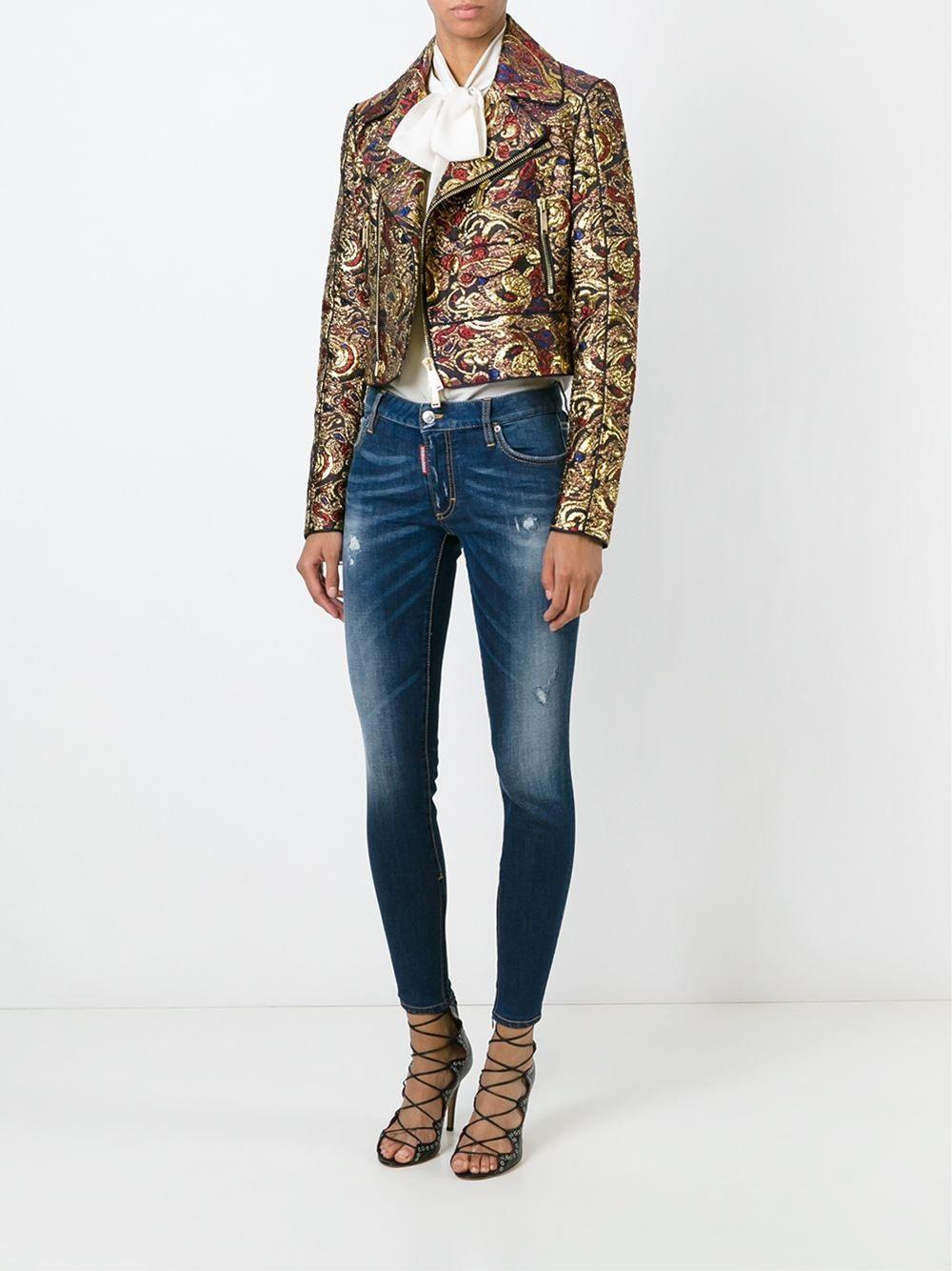 DSquared2 Metallic Gold Brocade Biker Jacket