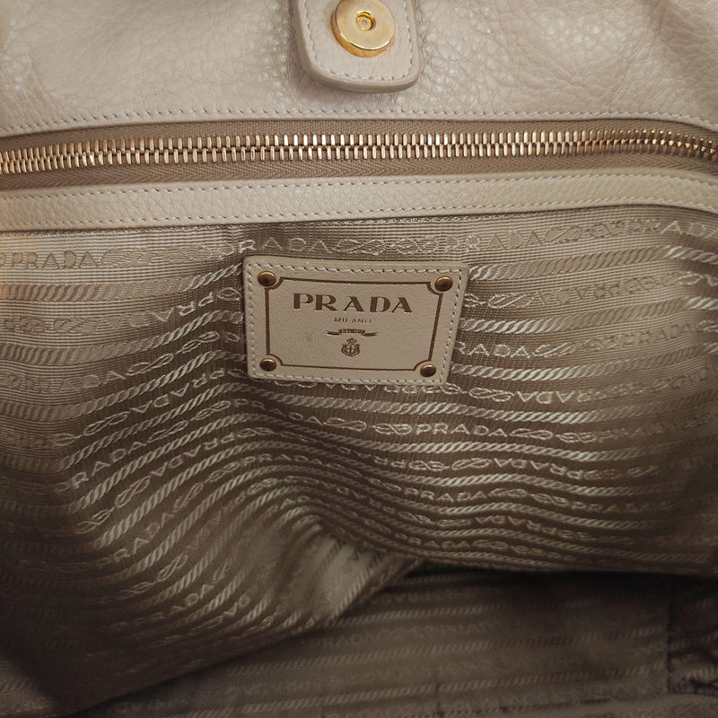 Beige leather logo embossed tote bag