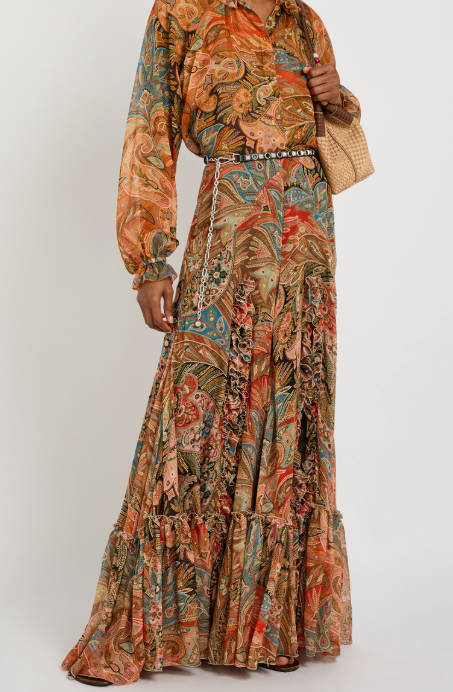 Etro Paisley Ruffled Silk Maxi Skirt
