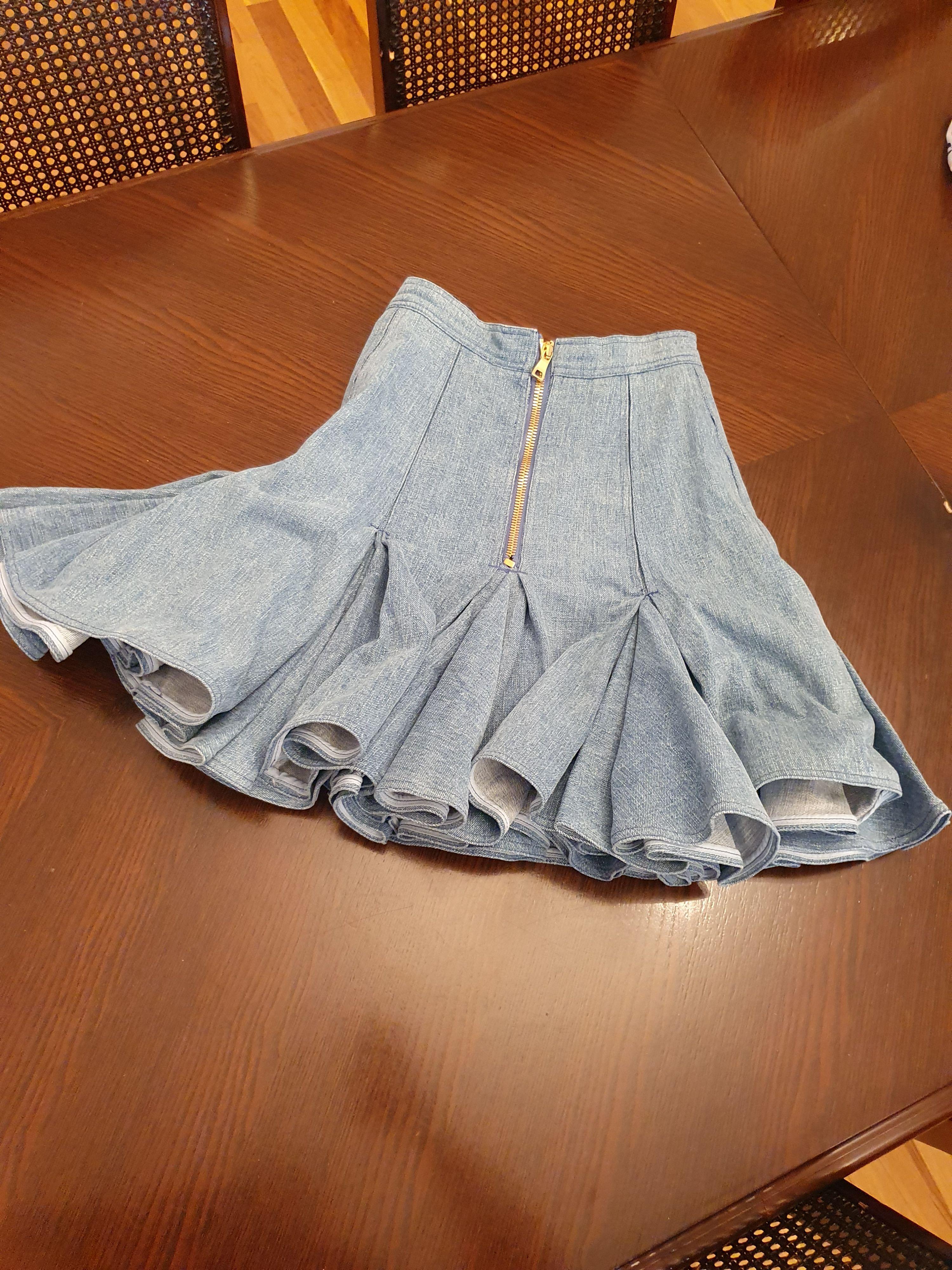 Blue Pleated Denim Skirt