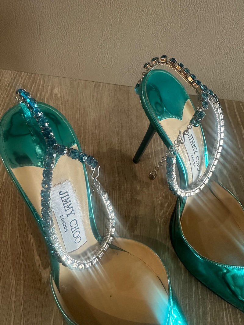 Jimmy Choo Blue Mirrored Crystal Embellished Heel