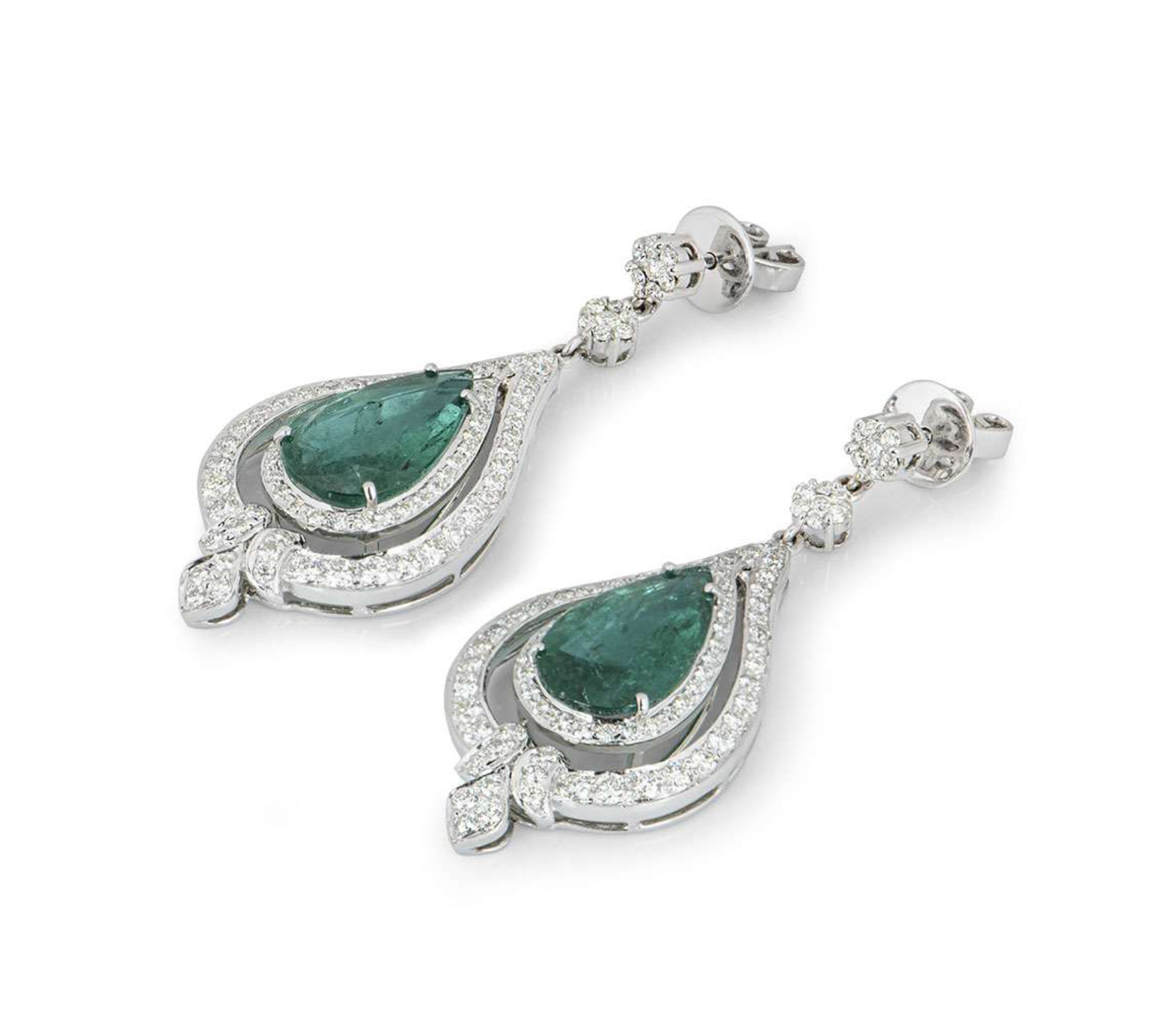 18ct white gold, white diamond & emerald drop earrings