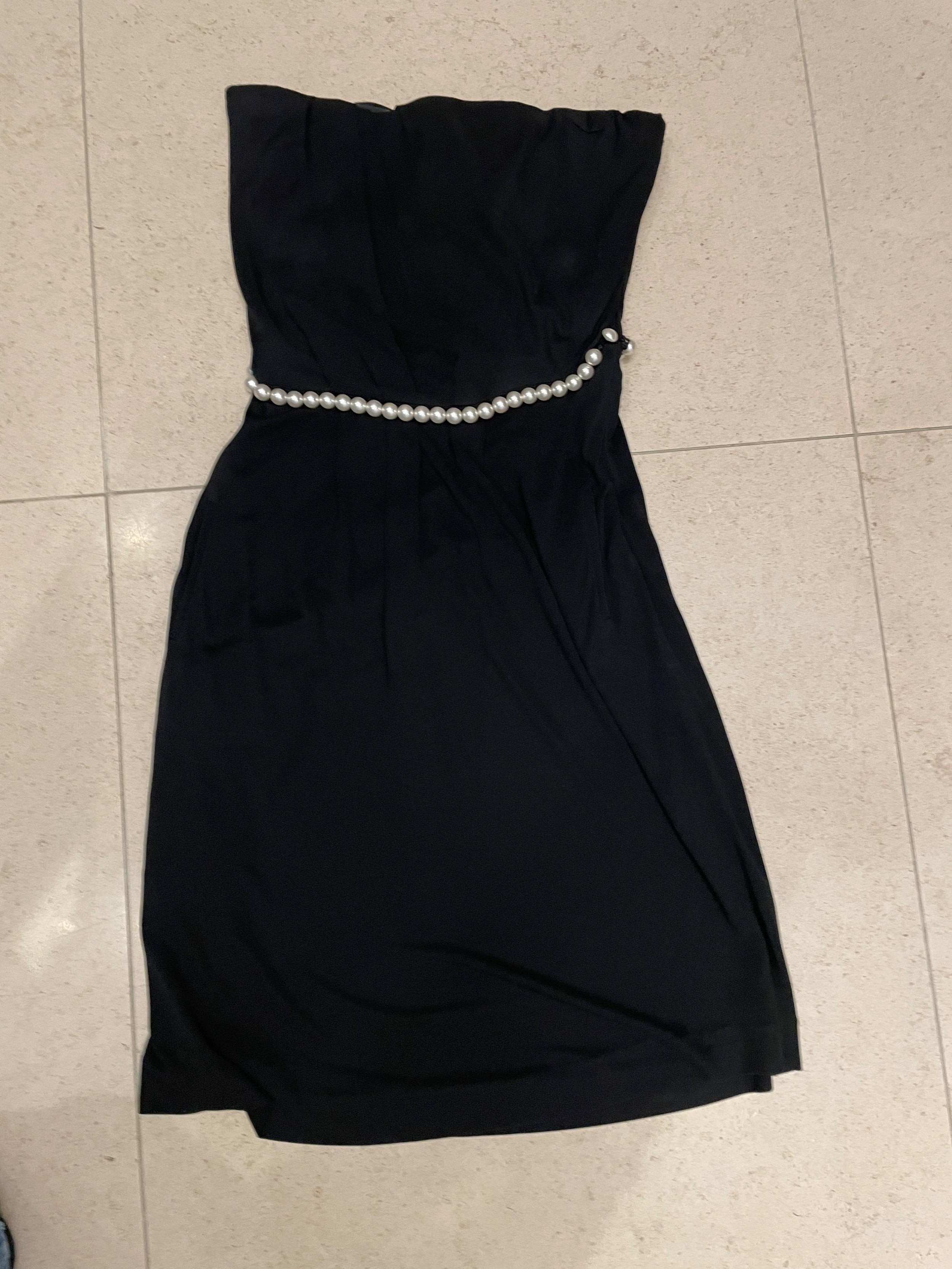 Black Strapless Faux Pearl Belt Detail Dress