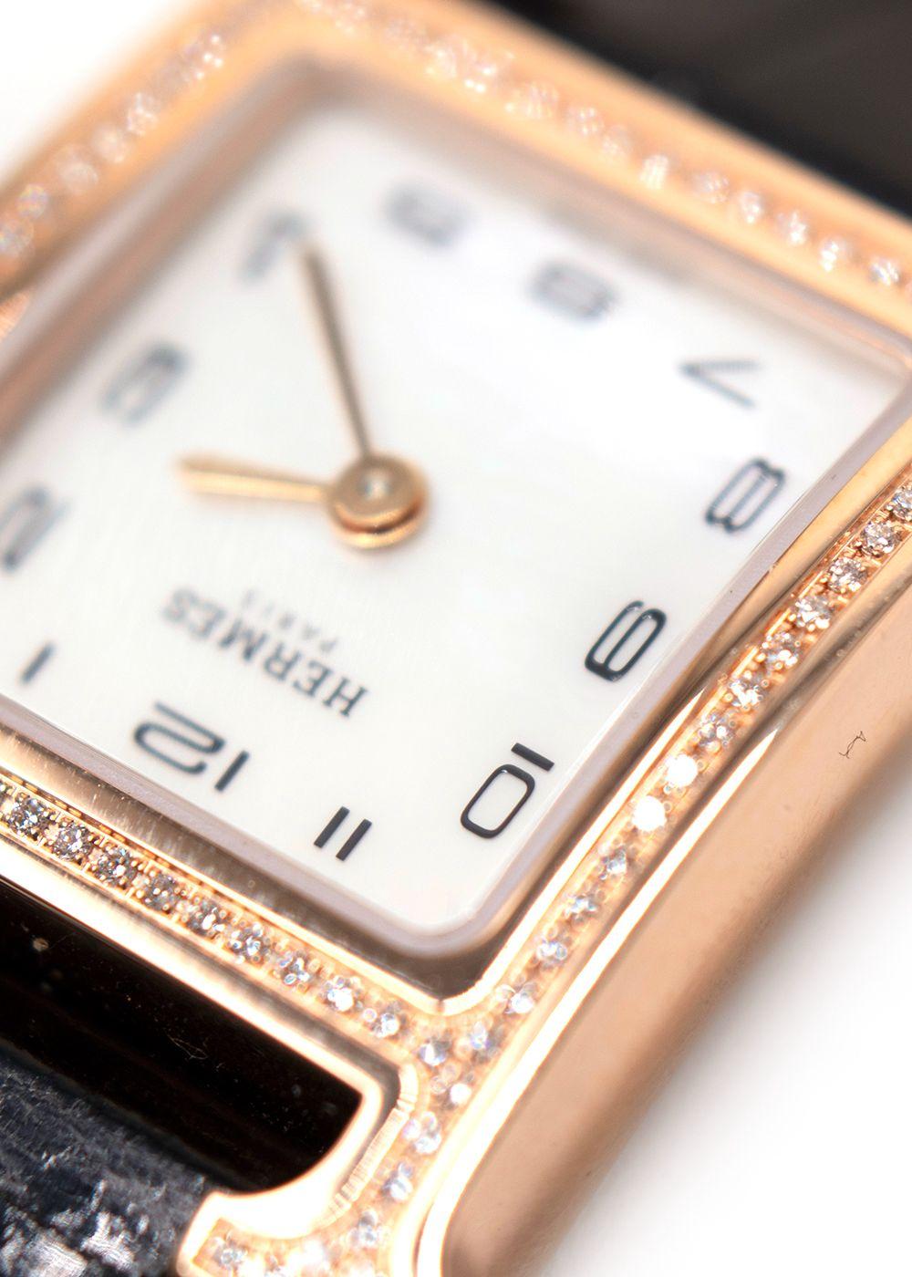 Hermes Black Alligator and Diamond Heure H Watch with Rose Gold Hardware