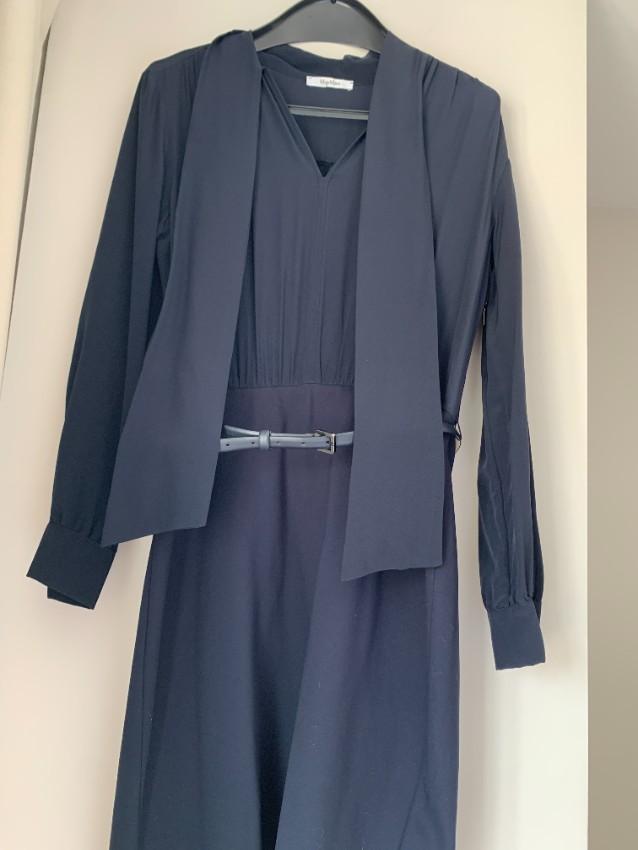 Max Mara Navy Crepe De Chine Pussybow Gelada Midi Dress