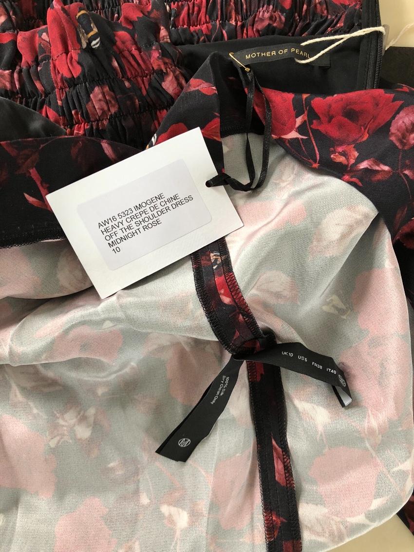 Mother of Pearl Silk-Satin Off-the-Shoulder Rose-Print Dress