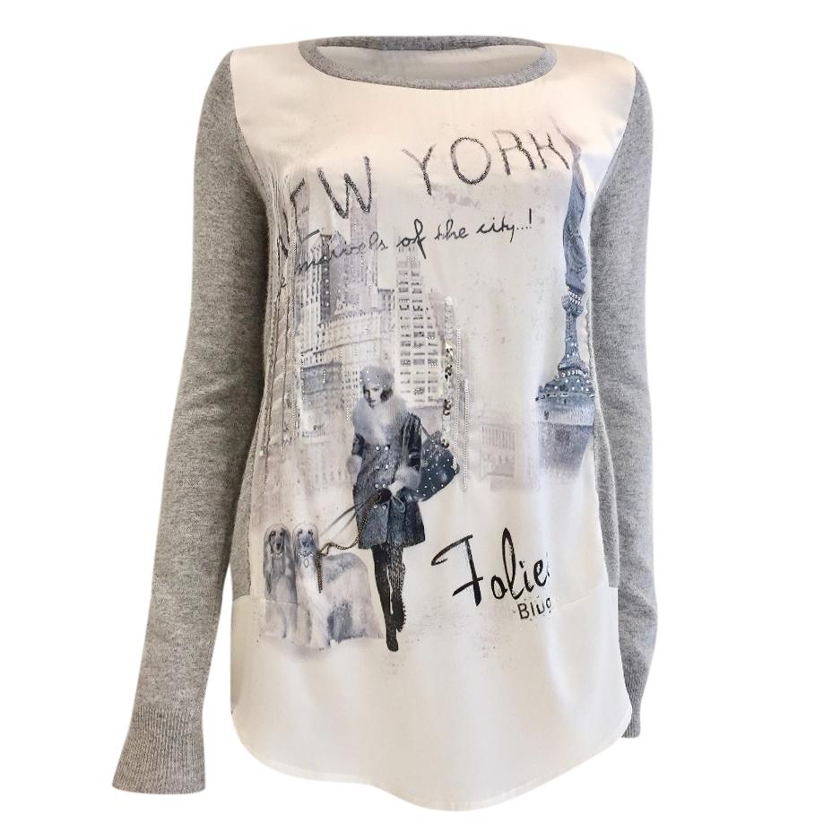 Blugirl Folies Silk New York Scene Swarovski Crystal Long Sleeve Top
