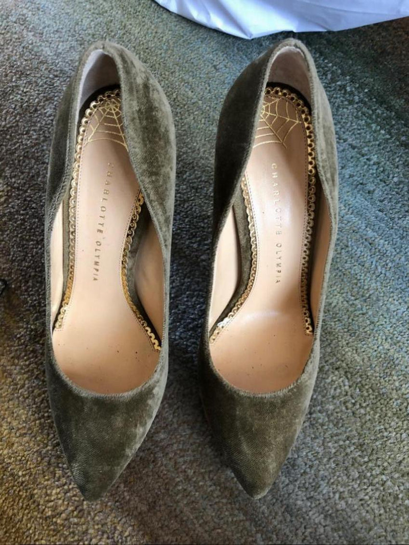 Charlotte Olympia Khaki Velvet Pumps