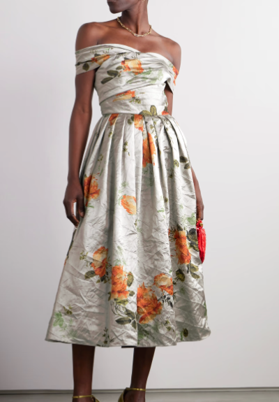 Erdem Off-The-Shoulder Floral-print Metallic Crinkled-satin Midi Dress