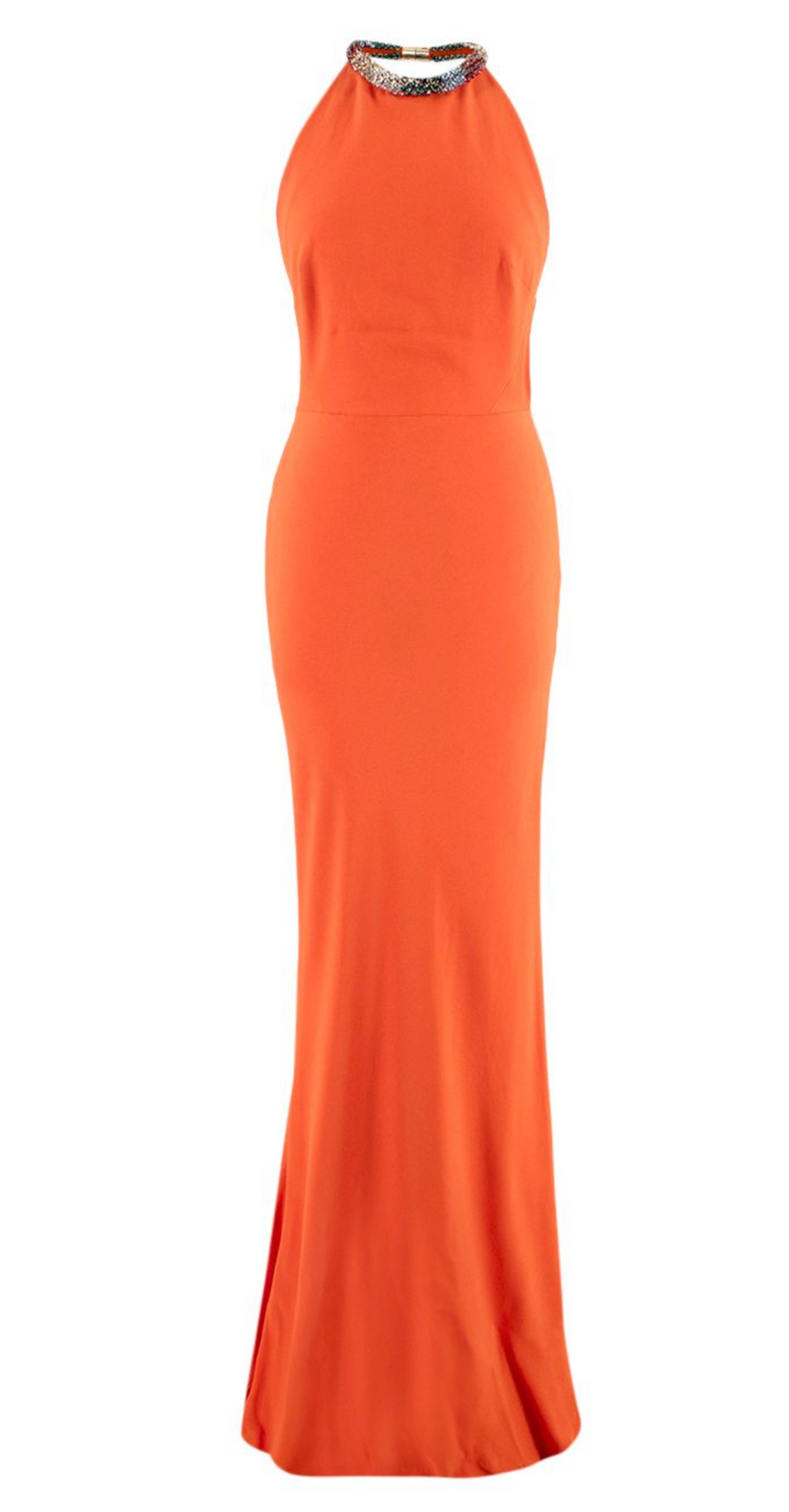Alexander McQueen Orange Silk Crepe Crystal Halterneck Gown