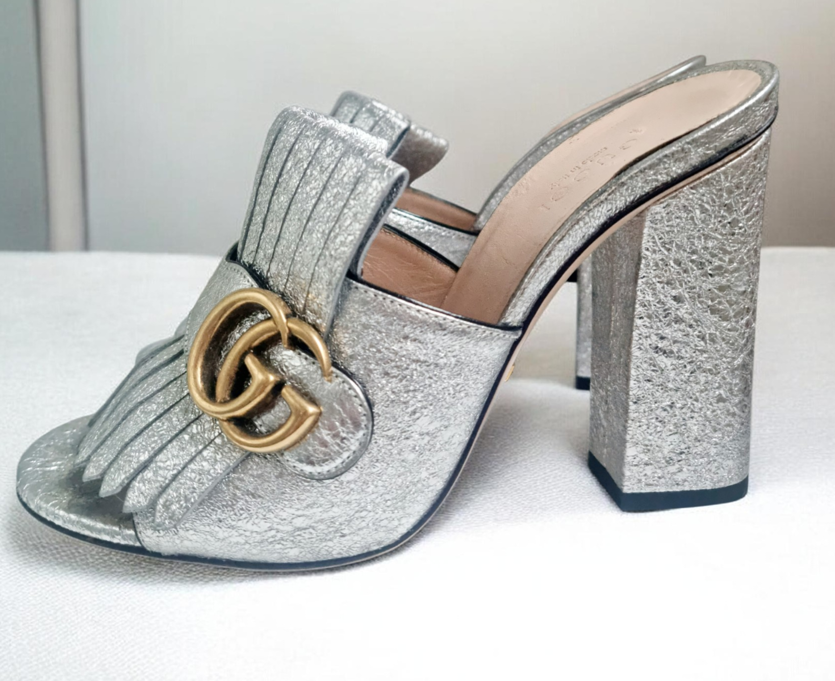 Gucci Silver Heeled Mules