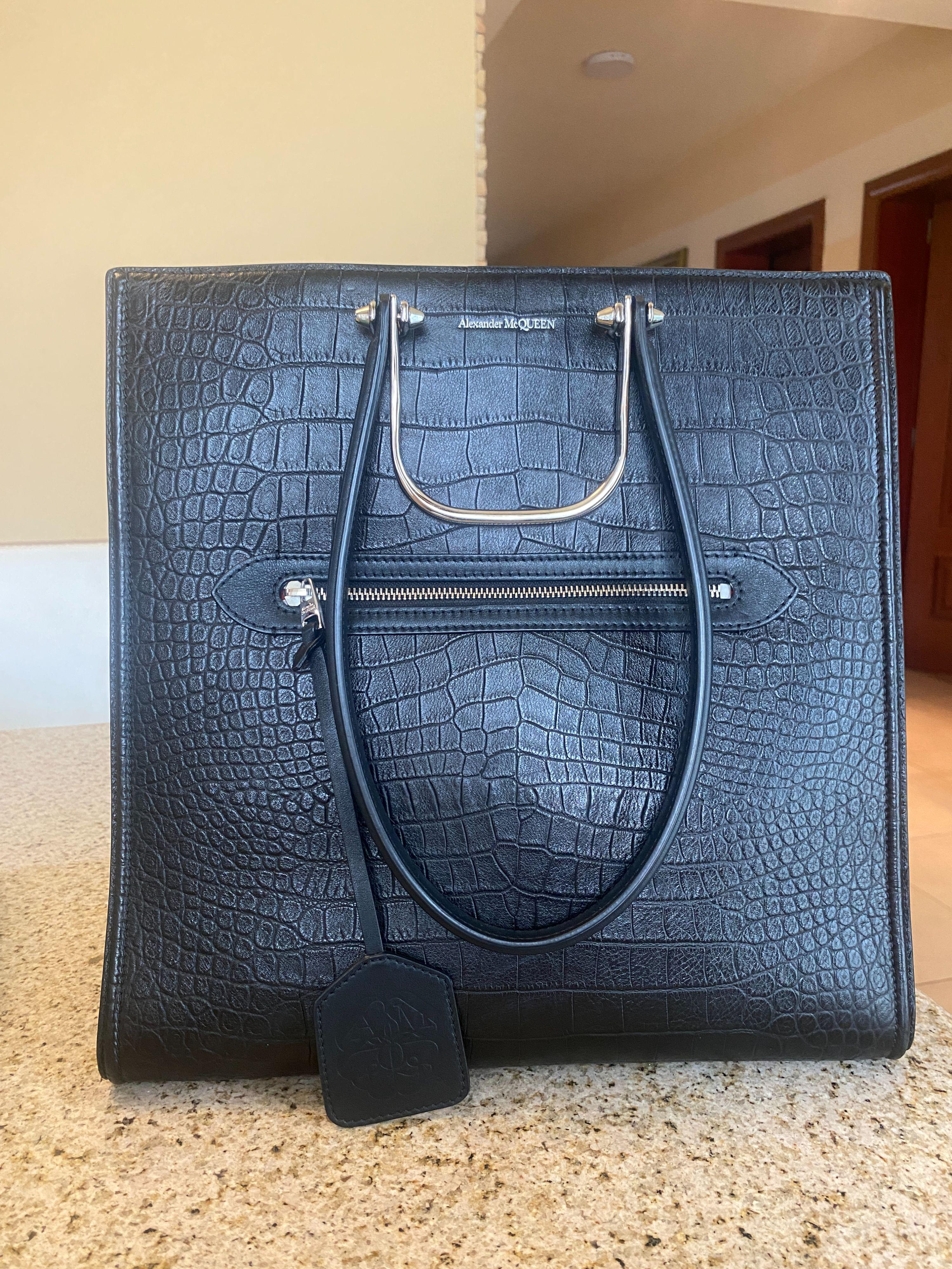 Alexander McQueen Black Tall Story Croc Embossed Leather Bag