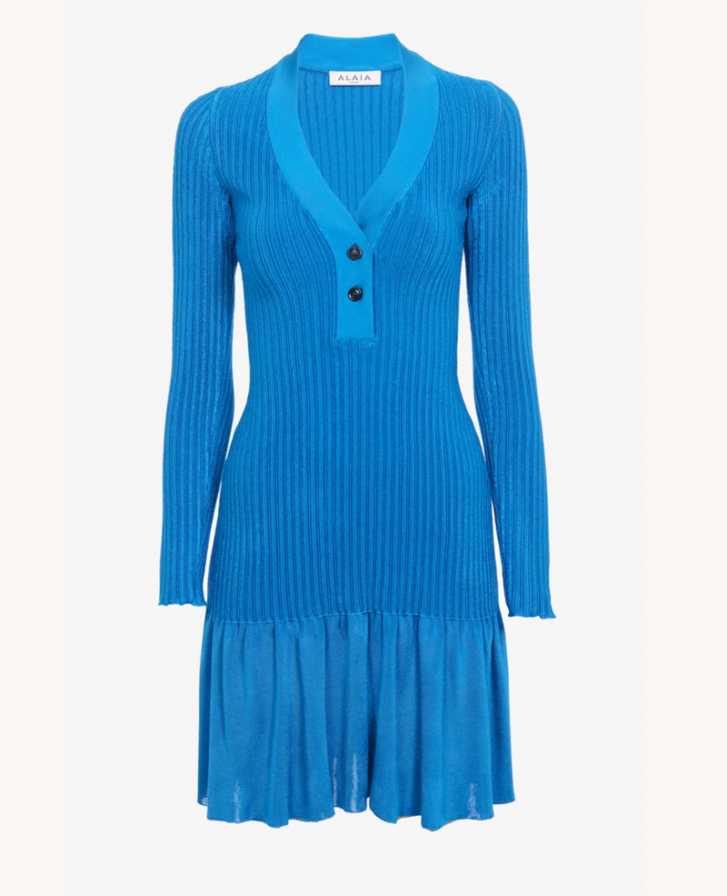 Blue Ribbed Knit Short Dress
