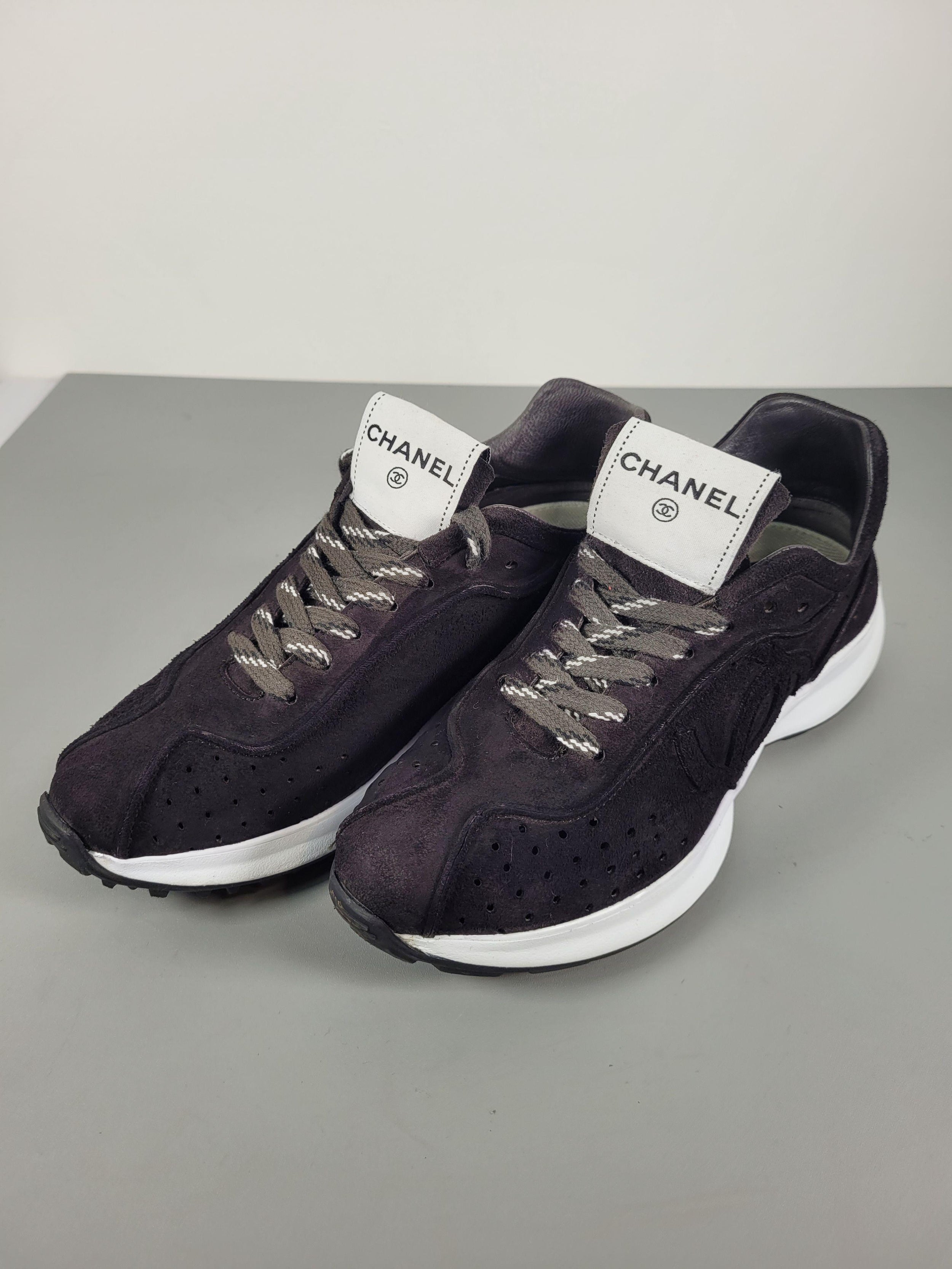 Chanel Black Suede Low Top Logo Sneakers