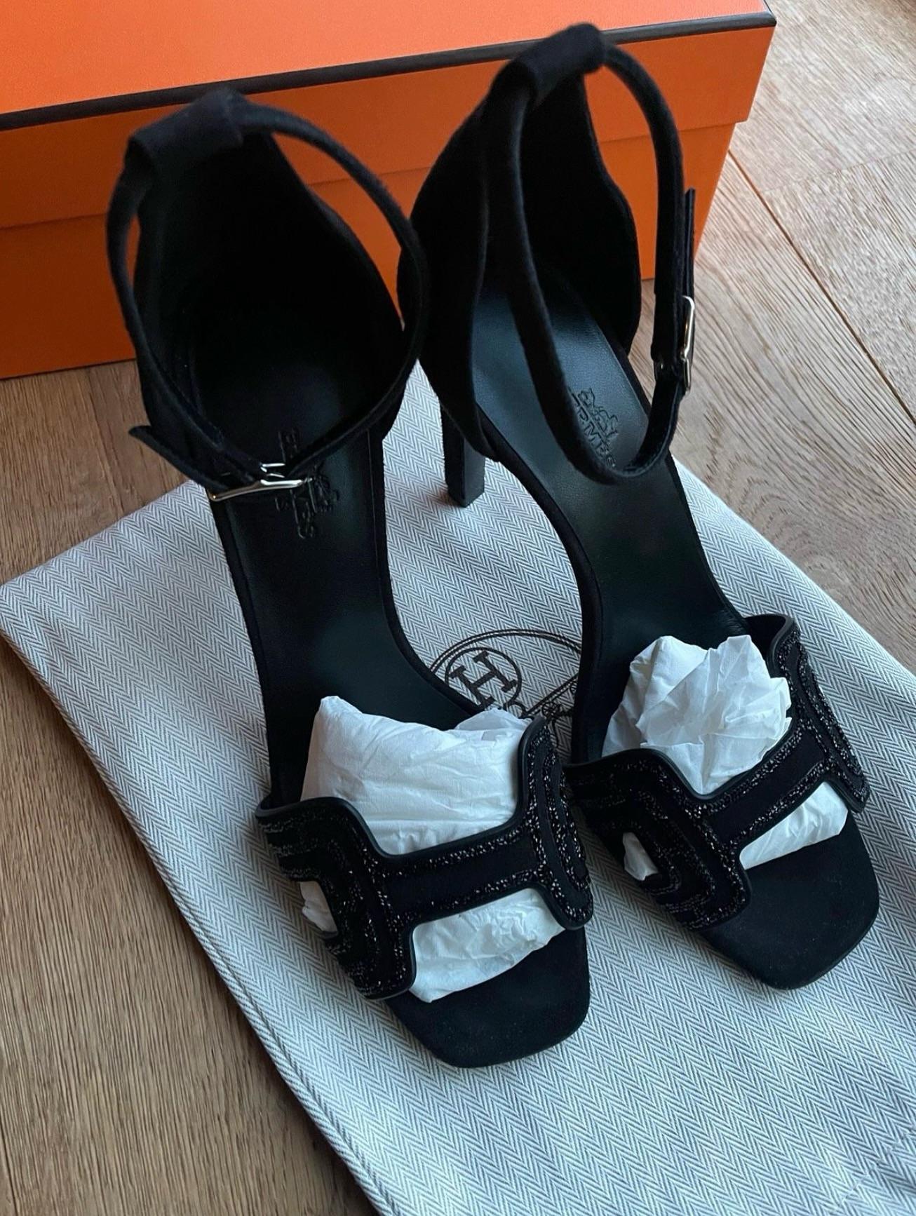 Hermes Black Suede Joy 105 Rhinestone Ankle Strap Pumps  37.5