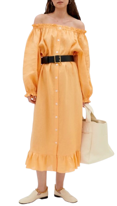 Sleeper Orange Romantica Bardot Linen Midi Dress