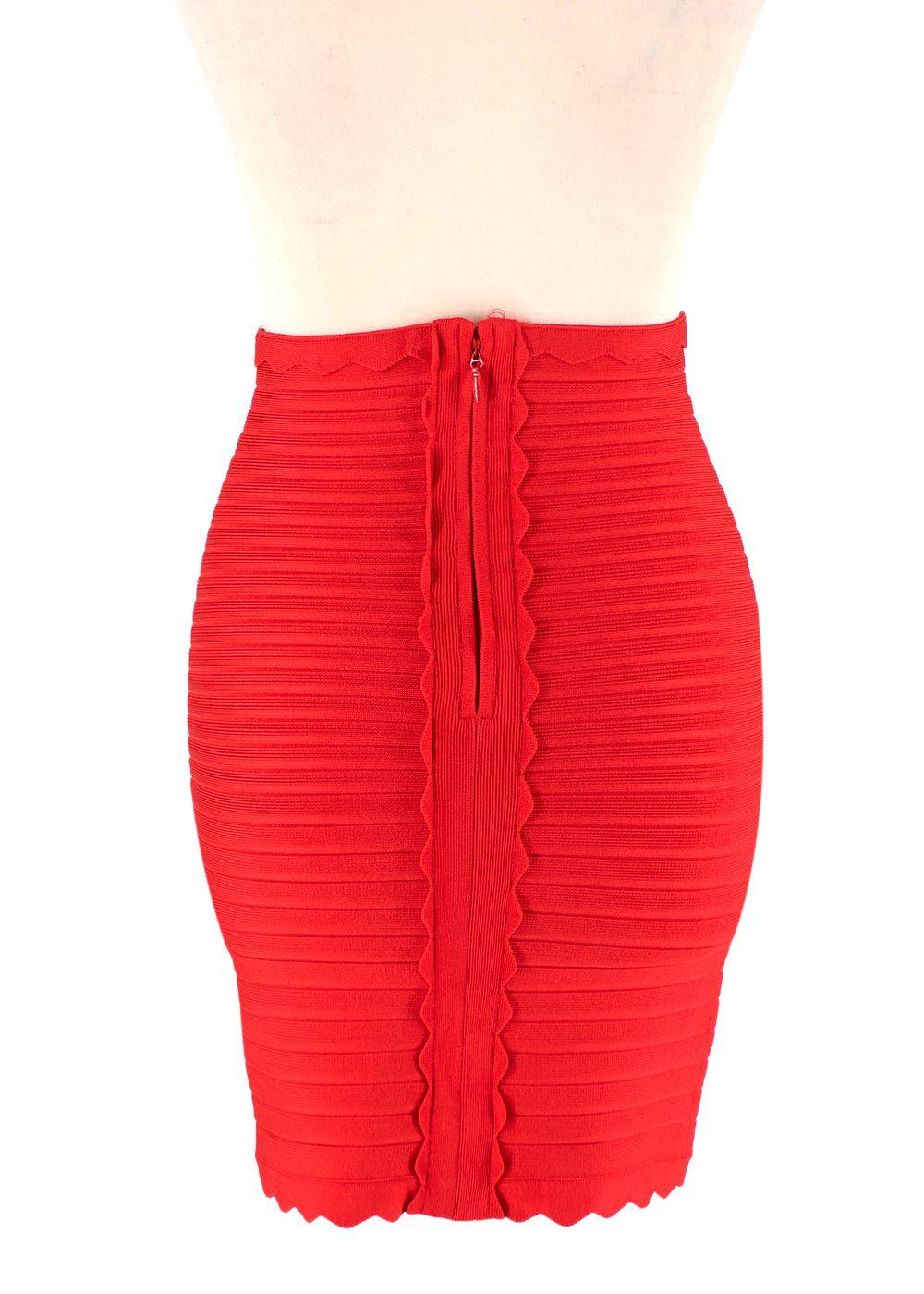 Red Stretch Knit Bandage Skirt with Scalloped Hem