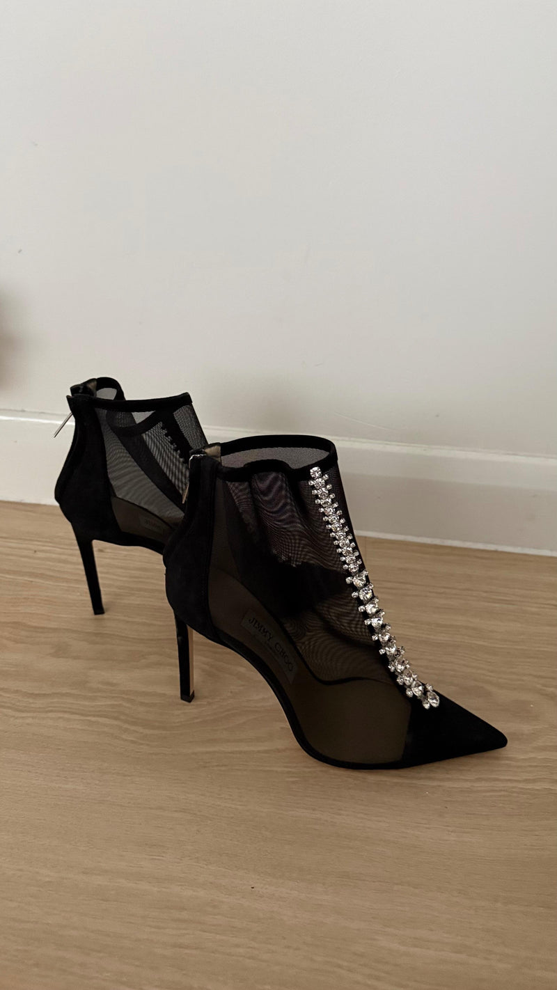 Jimmy Choo Black Mesh Kix 100 Crystal Ankle Boots