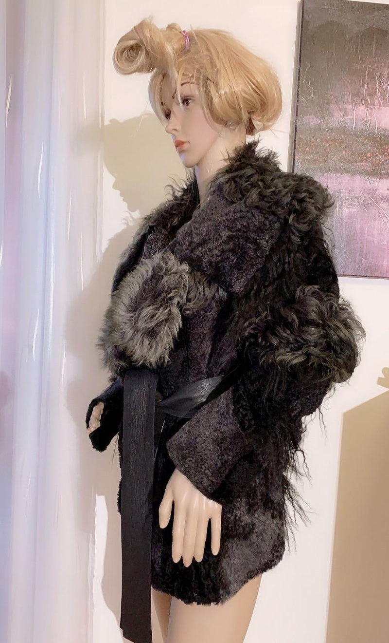 Donna Karan Leather Trimmed Patchwork Shearling Coat