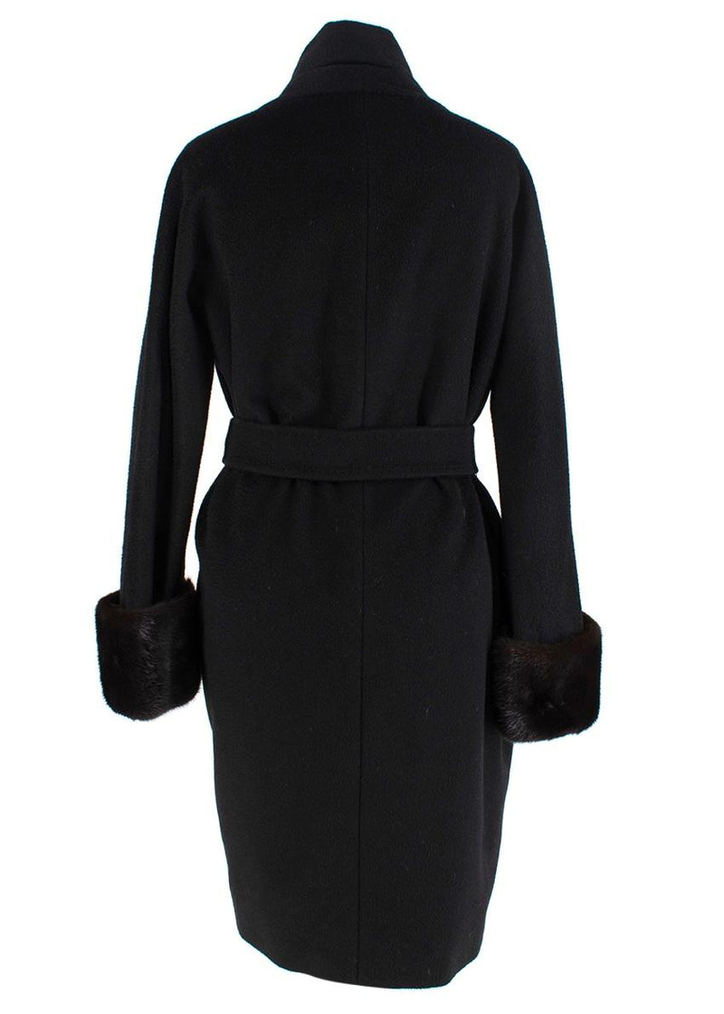 MaxMara Black Camel Hair Wrap Coat with Fur Cuffs