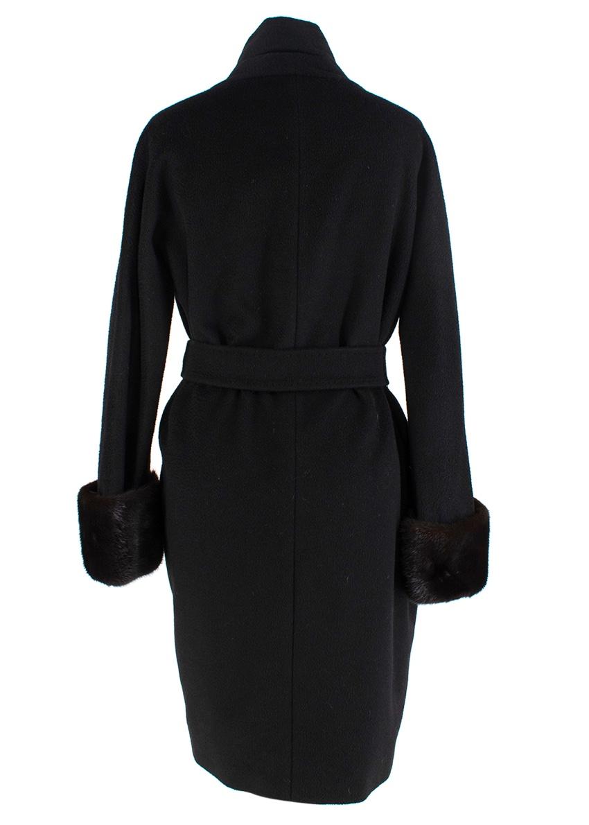 MaxMara Black Camel Hair Wrap Coat with Fur Cuffs