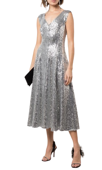 Norma Kamali Silver Sequin Overlapping Grace Dress