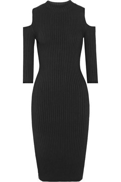 Maje Black Ribbed Knit Cold Shoulder Dress