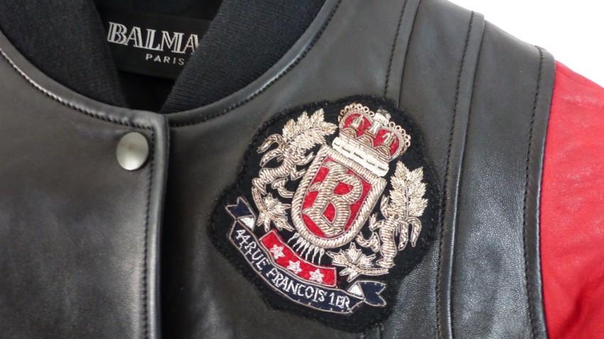 Balmain Black & Red Patch Applique Leather Jacket