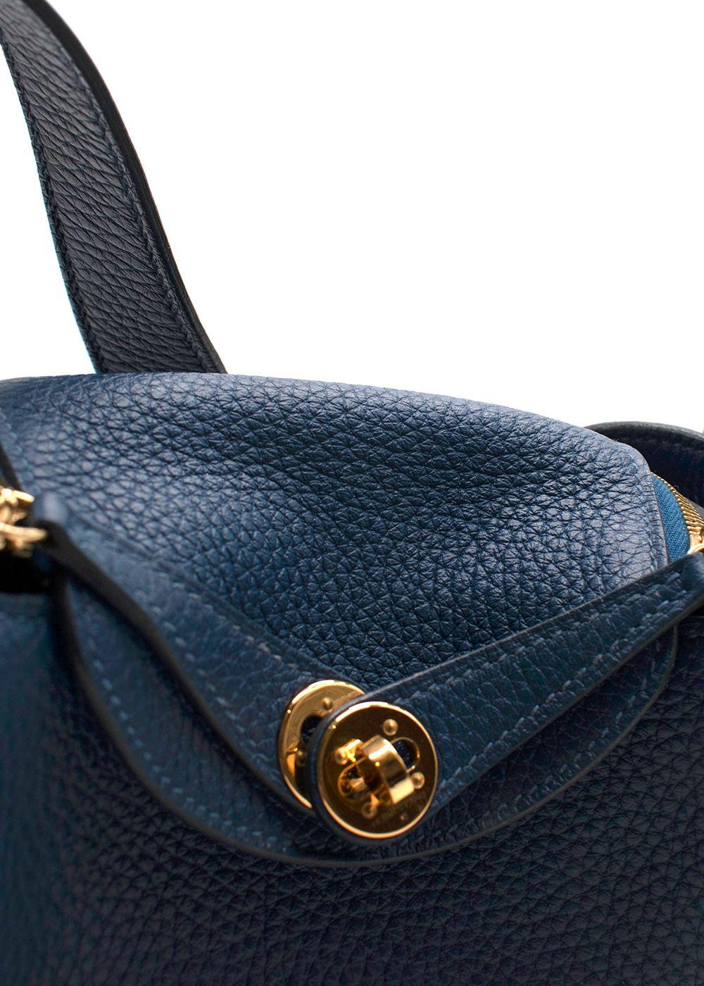 Hermes Taurillon Clemence Mini Lindy in Deep Bleu with Gold Hardware